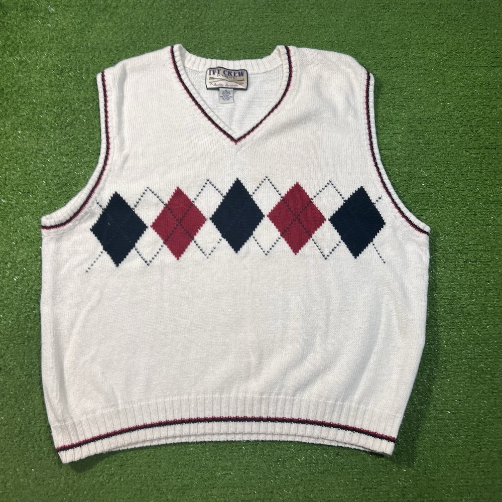 Vintage 90s Sweater Vest XL Golf Argyle Print Heavy Knit Red White Blue July 4th